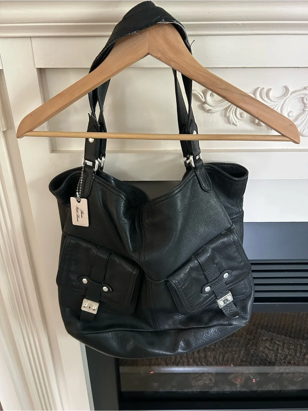 Ralph Lauren Black Leather Shoulder Tote Bag with Front Buckle Pockets